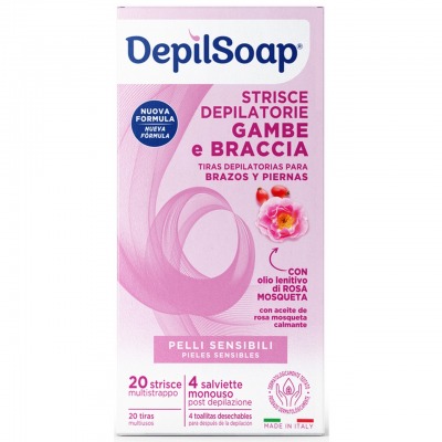 Strisce depilatorie gambe e braccia 20 strisce + 4 salviette post depilazione pelli sensibili